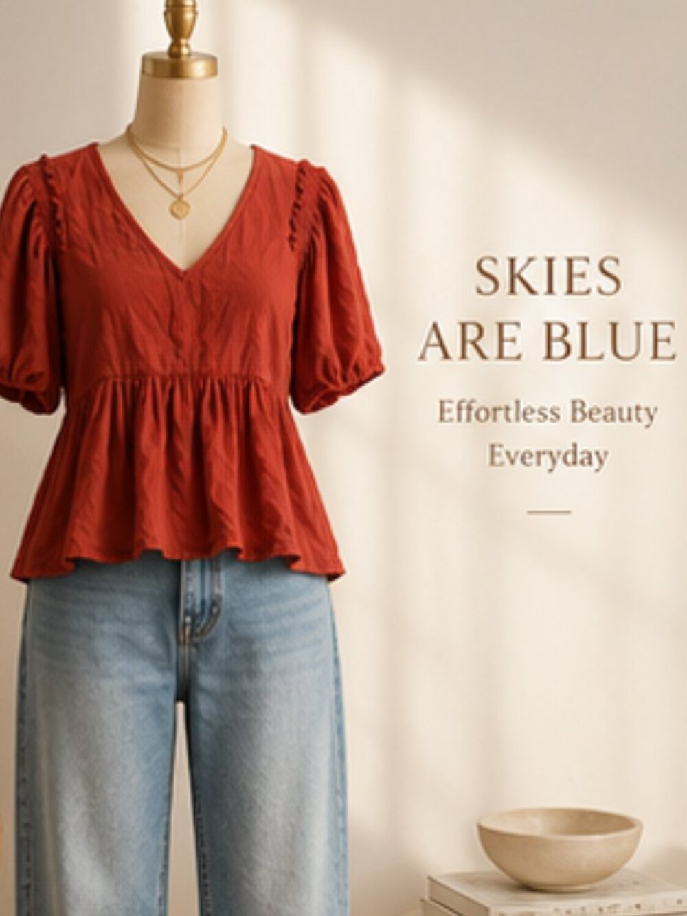 SKIES ARE BLUE Rust Boho Babydoll Peplum Top Small Cottagecore Romantic S/M